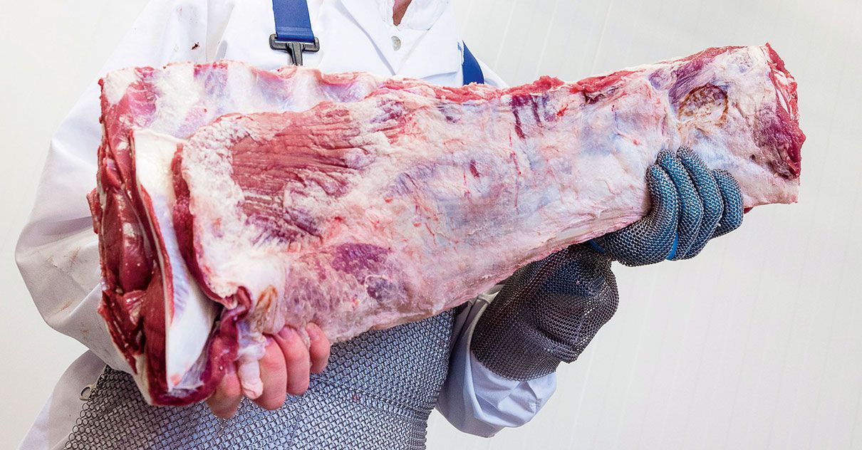 Fleischer hält ein großes Stück Fleisch "Kalbsrücken"